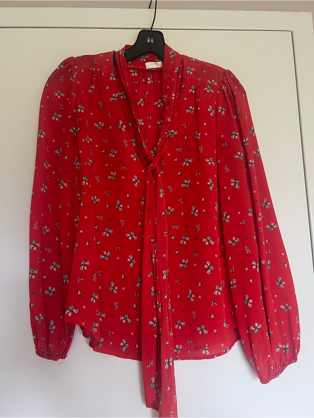 Red Floral Tie-Neck Blouse - Brand: None